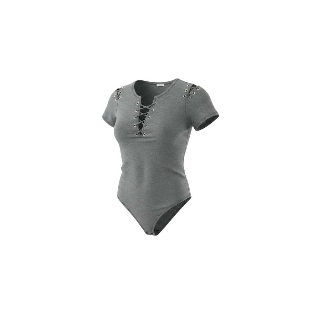 rue21 Bodysuit Womens Large Grey Excellent Lace Up Grommet Shoulder Short Sleeve